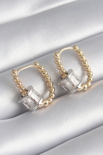 Pirinç Gold Renk Top Model Gümüş Renk Zirkon Taşlı Kadın Küpe - TJ-BKP8495 ürün görseli