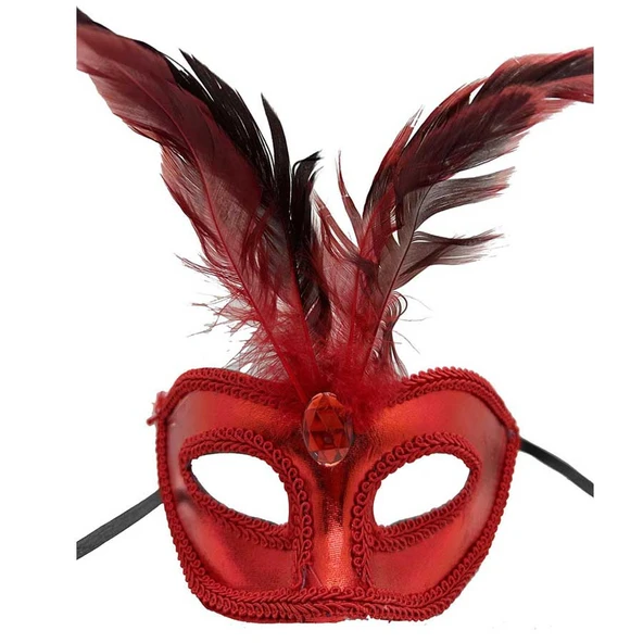 Kırmızı Renk Rugan Kaplama Kırmızı Tüylü Parti Maskesi 18x20 cm ürün görseli