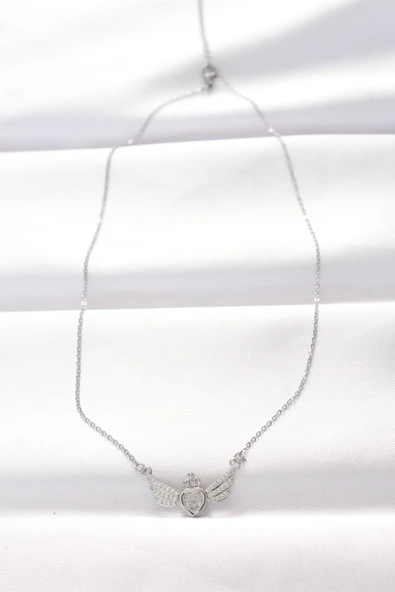 316L Çelik Silver Renk Zirkon Taşlı Kalpli Kanat Kolye - TJ-BKO8515 - Resim 2