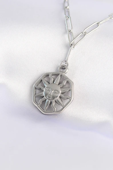 316L Çelik Zincir Gümüş Renk Güneş Kolye - TJ-BKO8645 ürün görseli