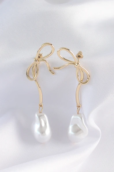 Pirinç Gold Renk Fiyonk Model İnci Taşlı Uzun Küpe - TJ-BKP8923 ürün görseli