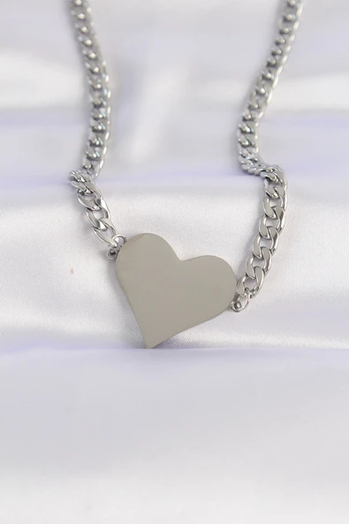 316L Çelik Zincir Gümüş Renk Düz Plaka Kalp Kolye - TJ-BKO8643 ürün görseli