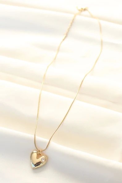 316L Çelik Gold Renk Tek Taşlı Kalp Kolye - TJ-BKO8508 - Resim 2