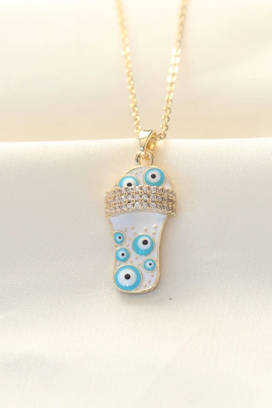 316L Zinciri Çelik Zirkon Taşlı Gold Renk Nazar Boncuklu Terlik Kolye - TJ-BKO8496 ürün görseli