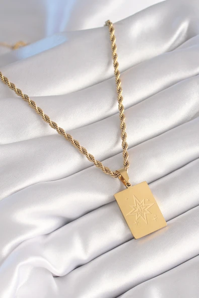 316L Çelik Gold Renk Burgu Zincir Kutup Yıldızı İşleme Plaka Figür Kadın Kolye - TJ-BKO8451 - Resim 2