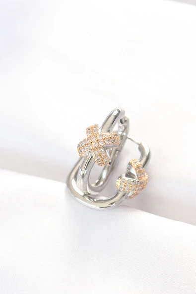 Pirinç Çift Renk Taşlı X Tasarımlı Dikdörtgen Küpe - TJ-BKP8891 - Resim 2