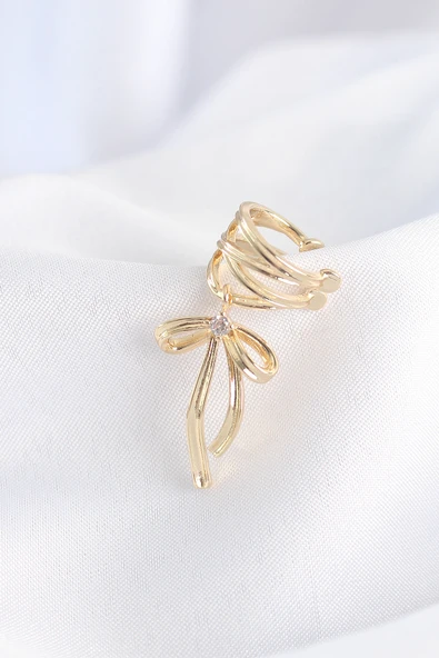 Pirinç Gold Renk Zirkon Taş Detay Fiyonk Model Earcuf Küpe - TJ-BKP8926 ürün görseli