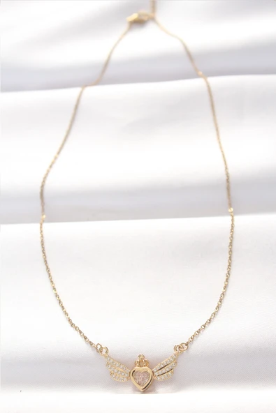 316L Çelik Gold Renk Zirkon Taşlı Kalpli Kanat Kolye - TJ-BKO8516 - Resim 2