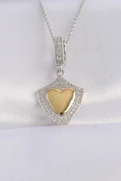 316L Çelik Zincir Gümüş Renk Zirkon Taşlı Tasarım Altın Renk Kalp Kolye - TJ-BKO8661 ürün görseli