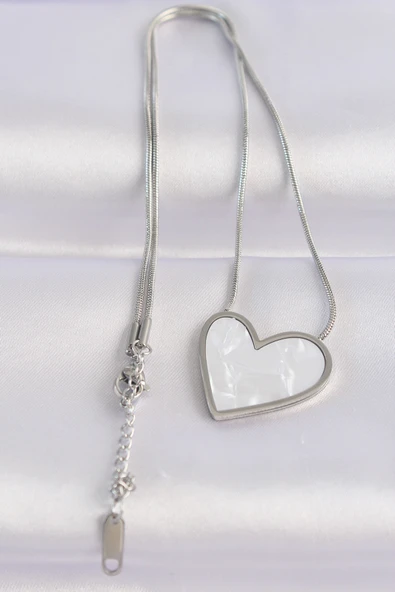 316L Çelik Zincir Gümüş Renk Mermer Desenli Kalp Kolye - TJ-BKO8656 - Resim 2