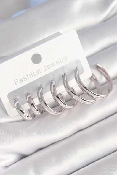 Pirinç Gümüş Renk Yassı Halka Model Kadın Küpe Seti - TJ-BKP8776 ürün görseli