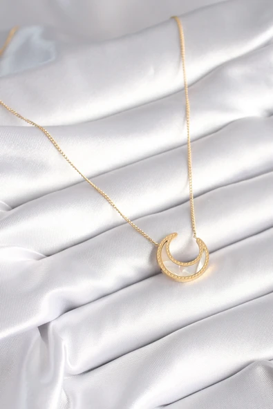 316L Çelik Gold Renk Beyaz Sedefli Hilal Model Kadın Kolye - TJ-BKO8362 - Resim 2