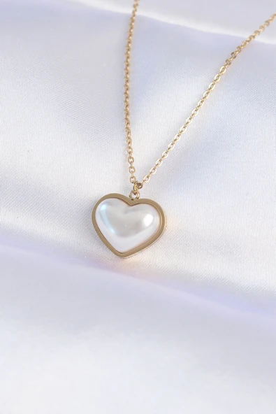 316L Çelik Zincir Gold Renk Beyaz Taşlı Bubble Kalp Kolye - TJ-BKO8737 ürün görseli