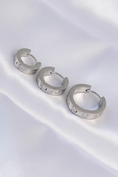 316L Çelik Gümüş Renk Zirkon Taşlı Model 3lü Halka Küpe - TJ-BKP9008 ürün görseli