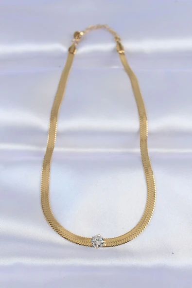 316L Çelik Gold Renk Tek Zirkon Taşlı İtalyan Zincir Kolye - TJ-BKO8747 - Resim 2