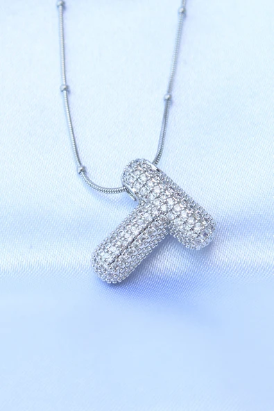 316L Çelik Zincirli Zirkon Taşlı T Harfli Gümüş Renk Bubble Kolye - TJ-BKO8721 ürün görseli