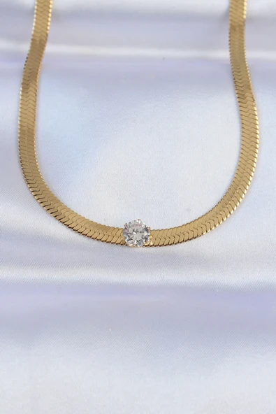 316L Çelik Gold Renk Tek Zirkon Taşlı İtalyan Zincir Kolye - TJ-BKO8747 ürün görseli