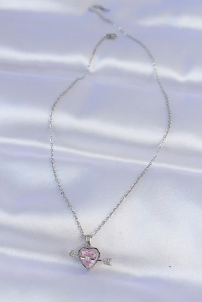 316L Çelik Zincir Gümüş Renk Pembe Zirkon Taşlı Eros Kolye - TJ-BKO8743 - Resim 2