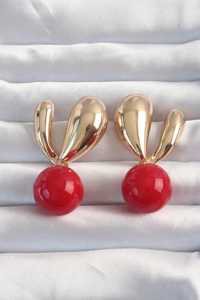 Pirinç Gold Renk Kırmızı Yuvarlak Tasarım Küpe - TJ-BKP9171 ürün görseli