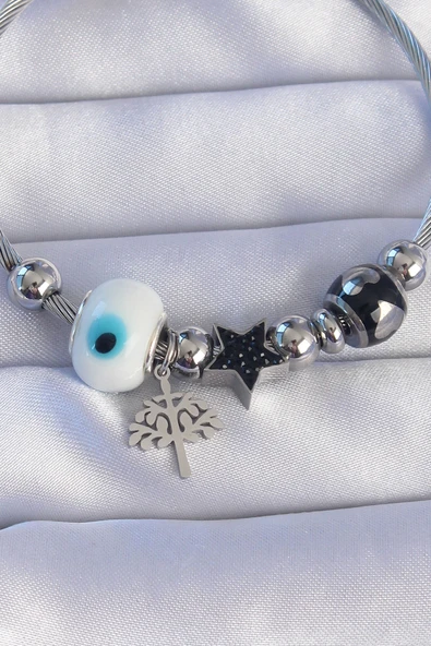 316L Çelik Gümüş Renk Siyah Zirkon Taşlı Yıldız Tasarımlı Ağaç Detay Nazarlı Charm Bileklik - TJ-BB6198 - Resim 2