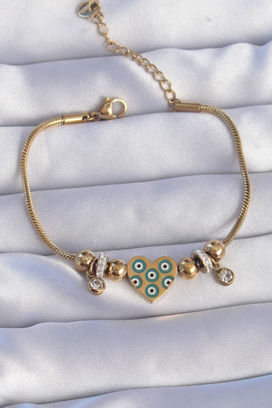 316L Çelik Gold Renk Zirkon Taşlı Nazarlı Kalp Tasarımlı Bileklik - TJ-BB6199 ürün görseli