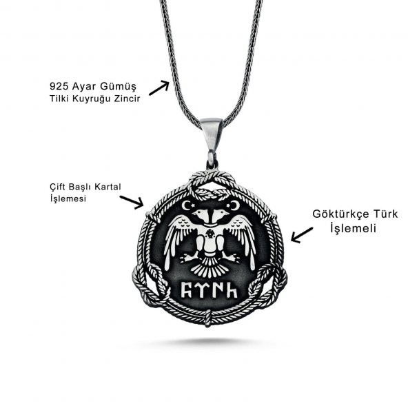 Çift Başlı Kartal Selçuklu Devleti 60 cm 925 Gümüş Kolye - Resim 2
