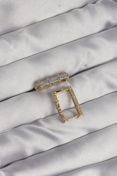 Pirinç Gold Renk Zirkon Taşlı Dikdörtgen Model Seranay Küpe - TJ-BKP9117 - Resim 2