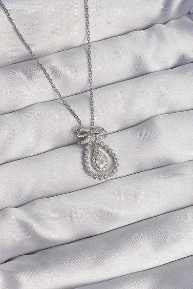 316L Çelik Gümüş Renk Fiyonk Detaylı Zirkon Taşlı Damla Model Kolye - TJ-BKO8930 ürün görseli