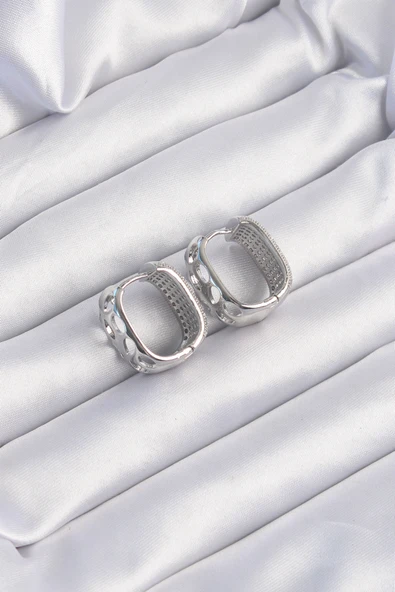 Pirinç Gümüş Renk Zirkon Taşlı Minimal Halka Küpe - TJ-BKP9201 - Resim 2