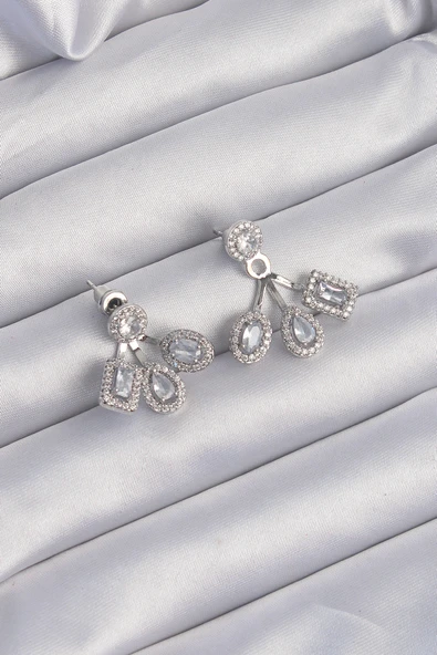 Pirinç Gümüş Renk Zirkon Taşlı Geometrik Model Küpe - TJ-BKP9209 ürün görseli