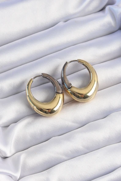 Pirinç Gold Gümüş Renkli Oval Bombeli Küpe - TJ-BKP9221 ürün görseli