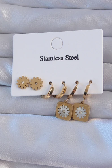 316L Çelik Gold Renk Zirkon Taşlı Sedefli Papatya Model Halka Küpe Seti - TJ-BKP9150 ürün görseli