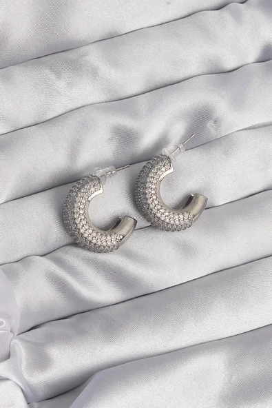 Pirinç Gümüş Renk Zirkon Taşlı Yarım Halka Küpe - TJ-BKP9114 ürün görseli