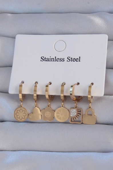 316L Çelik Gold Renk Zirkon Taşlı Çiçek Figürlü Kalp Model Halka Küpe Seti - TJ-BKP9154 ürün görseli