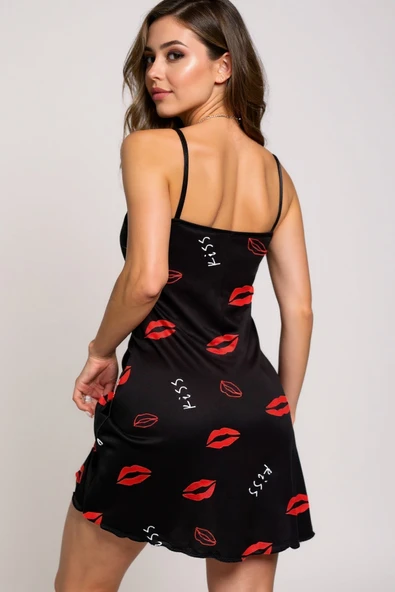 Dudak Desenli Siyah Askılı Gecelik - Resim 4