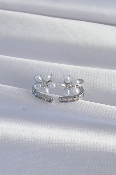 Pirinç Gümüş Renk Zirkon Taşlı Kıvrımlı İnci Çiçek Küpe - TJ-BKP9276 - Resim 2