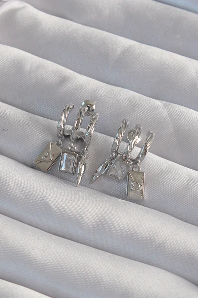 Pirinç Gümüş Renk Zirkon Taşlı Çoklu Aksesuarlı Yarım Halka Kaburga Küpe - TJ-BKP9314 ürün görseli