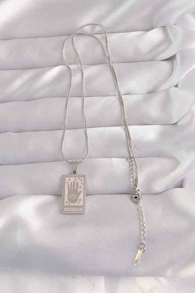 316L Çelik Gümüş Renk Pembe Mineli El Figür Tarot Kolye - TJ-BKO9050 - Resim 2