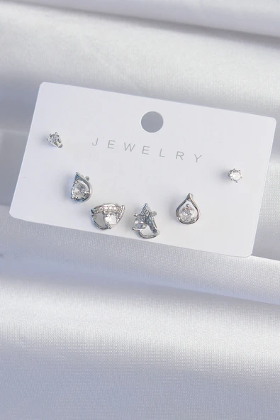 Pirinç Gümüş Renk Zirkon Taşlı Damla Model Küpe Seti - TJ-BKP9320 - Resim 2