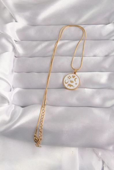 316L Çelik Gold Renk Beyaz Mineli Karışık Figürlü Tarot Kolye - TJ-BKO9041 - Resim 2
