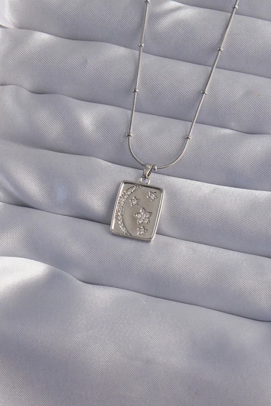 316L Çelik Zincir Gümüş Renk Zirkon Taşlı Ay Yıldız Figürlü Tarot Kolye - TJ-BKO9022 ürün görseli