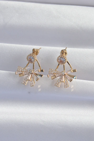 Pirinç Gold Renk Zirkon Taşlı Yassı Fiyonk Model Küpe - TJ-BKP9301 - Resim 2