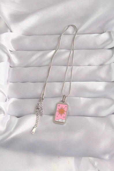 316L Çelik Gümüş Renk Pembe Mineli Güneş Model Tarot Kolye - TJ-BKO9043 - Resim 2