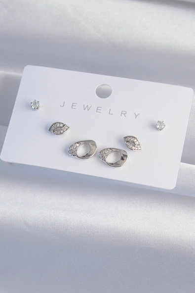 Pirinç Gümüş Renk Zirkon Taşlı Yaprak Model Küpe Seti - TJ-BKP9324 - Resim 2