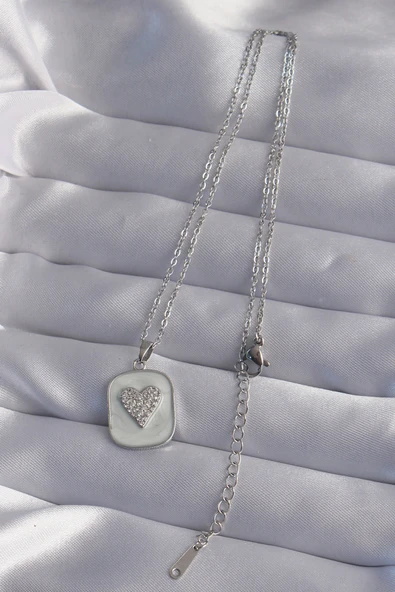 316L Çelik Zincir Mermer Desenli Gümüş Renk Zirkon Taşlı Kalp Model Kolye - TJ-BKO9014 - Resim 2