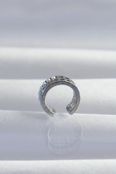 Pirinç Gümüş Renk İncili Baget Taşlı Earcuff Küpe - TJ-BKP9338 - Resim 2