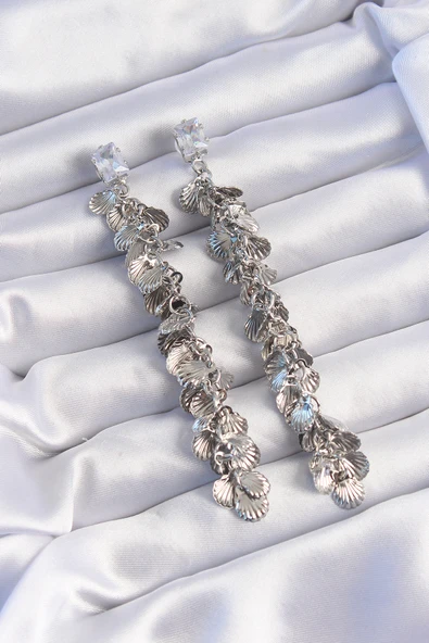 Pirinç Gümüş Renk Zirkon Taşlı Minimal Deniz Kabuklu Sallantılı Küpe - TJ-BKP9253 ürün görseli