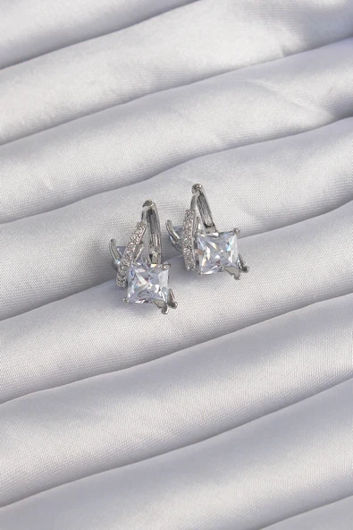 Pirinç Gümüş Renk İri Zirkon Taşlı Kıvrımlı Minimal Kelebekli Halka Küpe - TJ-BKP9288 ürün görseli