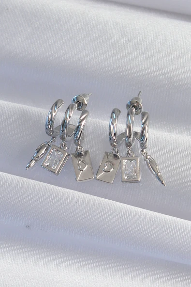 Pirinç Gümüş Renk Zirkon Taşlı Çoklu Aksesuarlı Yarım Halka Kaburga Küpe - TJ-BKP9314 - Resim 2