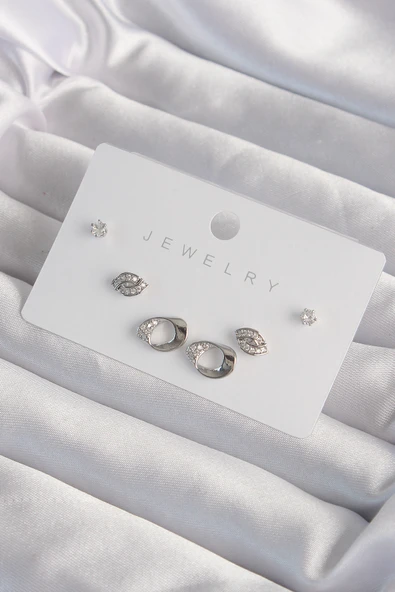 Pirinç Gümüş Renk Zirkon Taşlı Yaprak Model Küpe Seti - TJ-BKP9324 ürün görseli